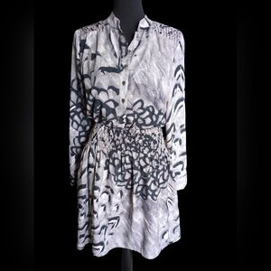 Jessica Simpson Gray Black Chiffon Smocked Pocket Shirt Dress ~ 6